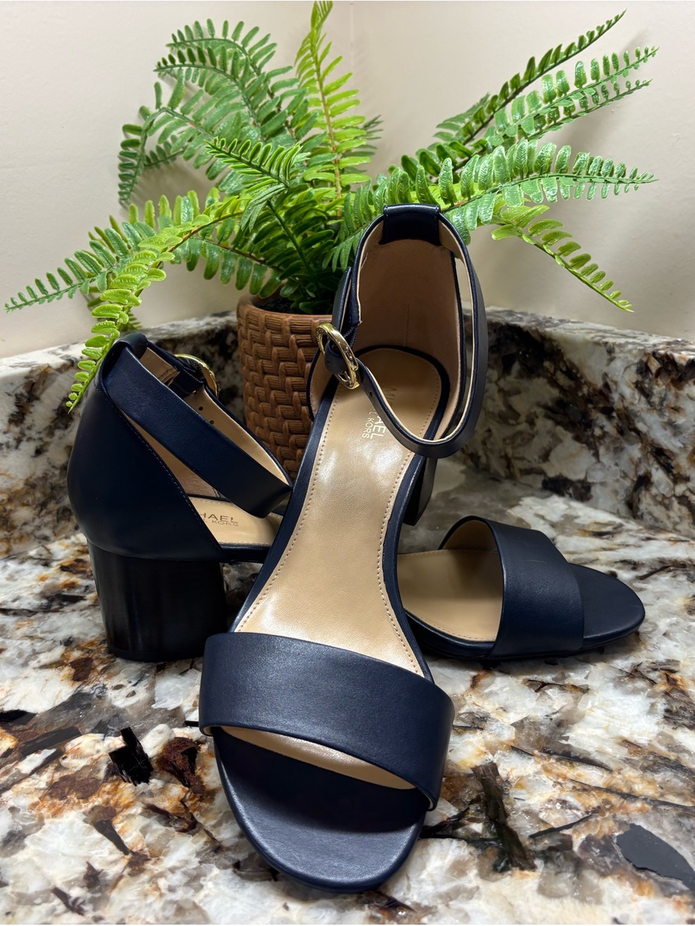 Michael Kors Navy Blue Ankle-Strap Block Heel Sandals - Picture 14 of 15